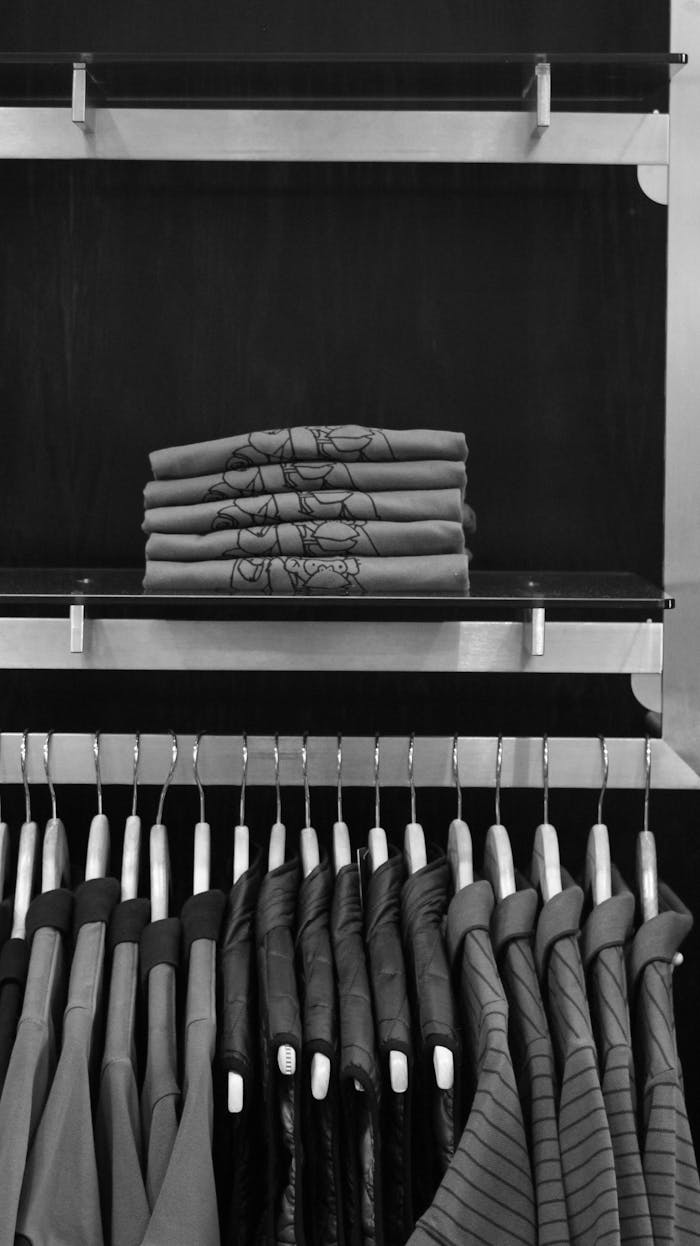 contact-img Elegant black and white display of folded shirts and hanging jackets in a store.